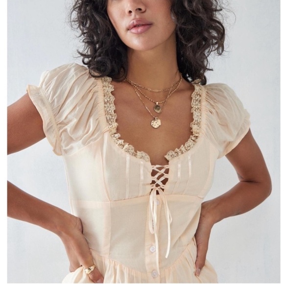 URBAN OUTFITTERS Lily Cream Tie-Front Playsuit Romper Cottagecore Whimsy Lace - Picture 3 of 11